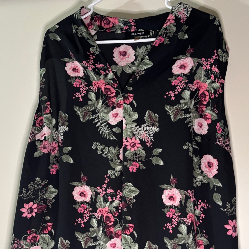 Nine West Black Blouse with Pink Floral Design